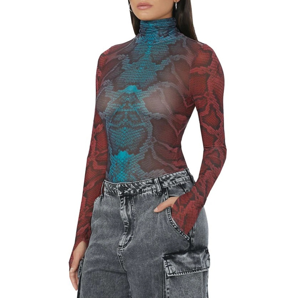 AFRM Zadie Mesh Top sz.S "Fig Snake" Sheer Turtleneck Long Sleeve Festival NWT